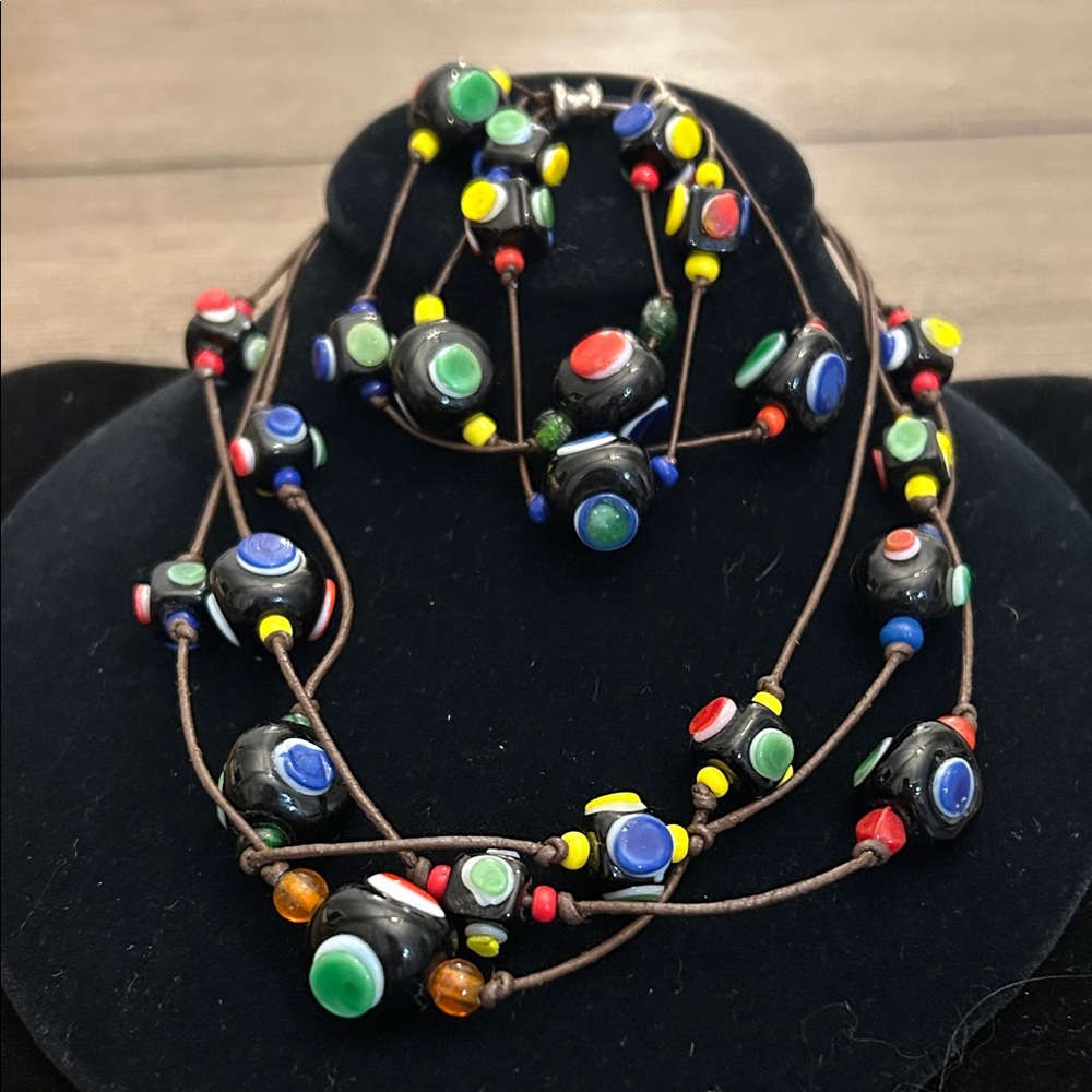 Colorful lamp work glass bead 18” Necklace and 8” Bracelet Set funky retro style